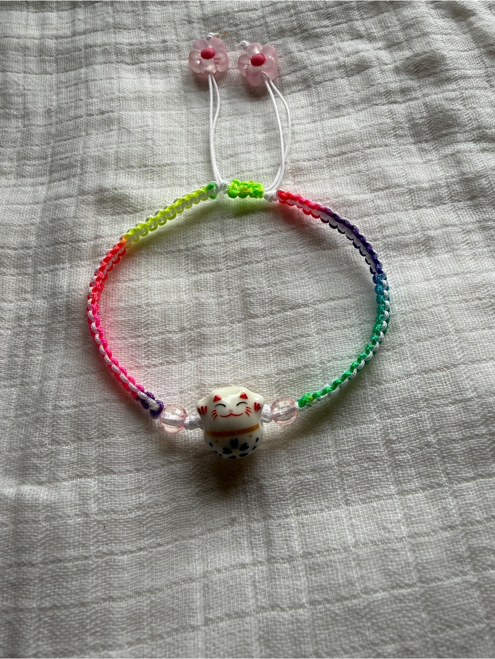 Rainbow Cord Bracelet with Lucky Cat Charm